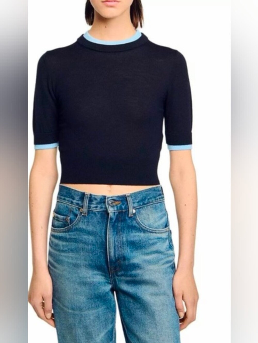 Sandro Cropped short sleeve with Blue Trim sweater